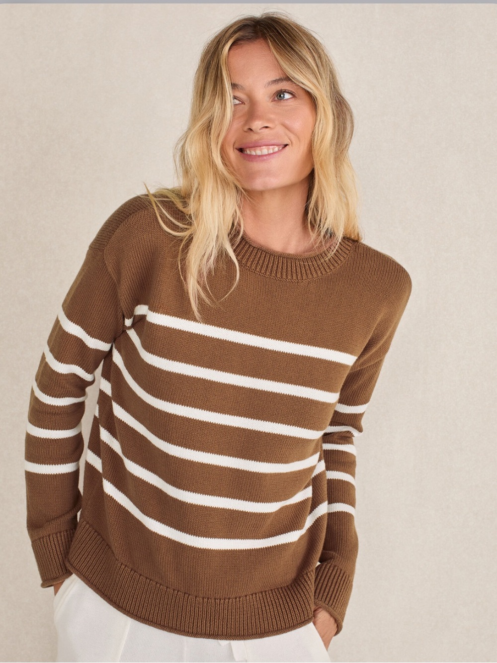 Haven Well Within Cotton Stripe Rollneck Sweater Brown White Stripes Size S